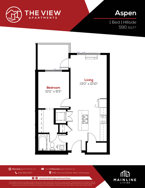 Floor plan for 1 bed, 1 bath, 590 sqft